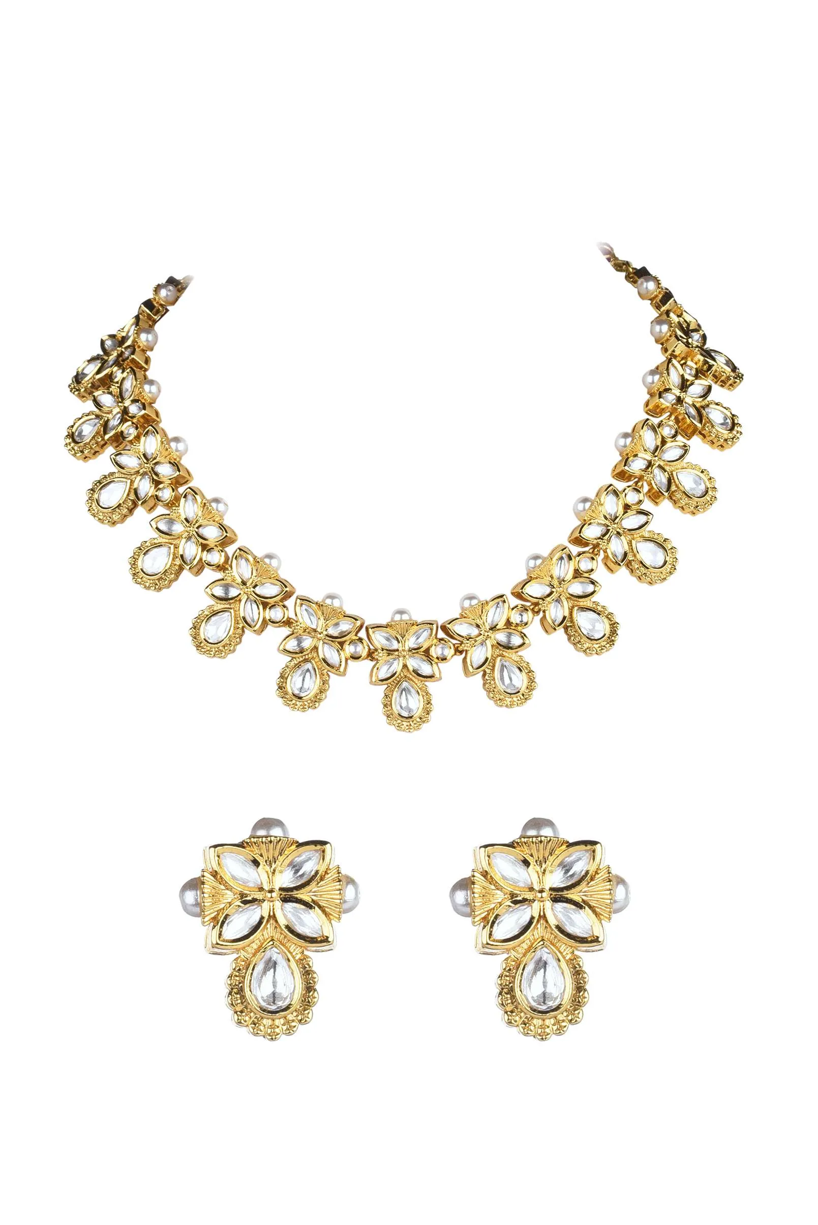 Gold Finish Short Moissanite Kundan Necklace Set