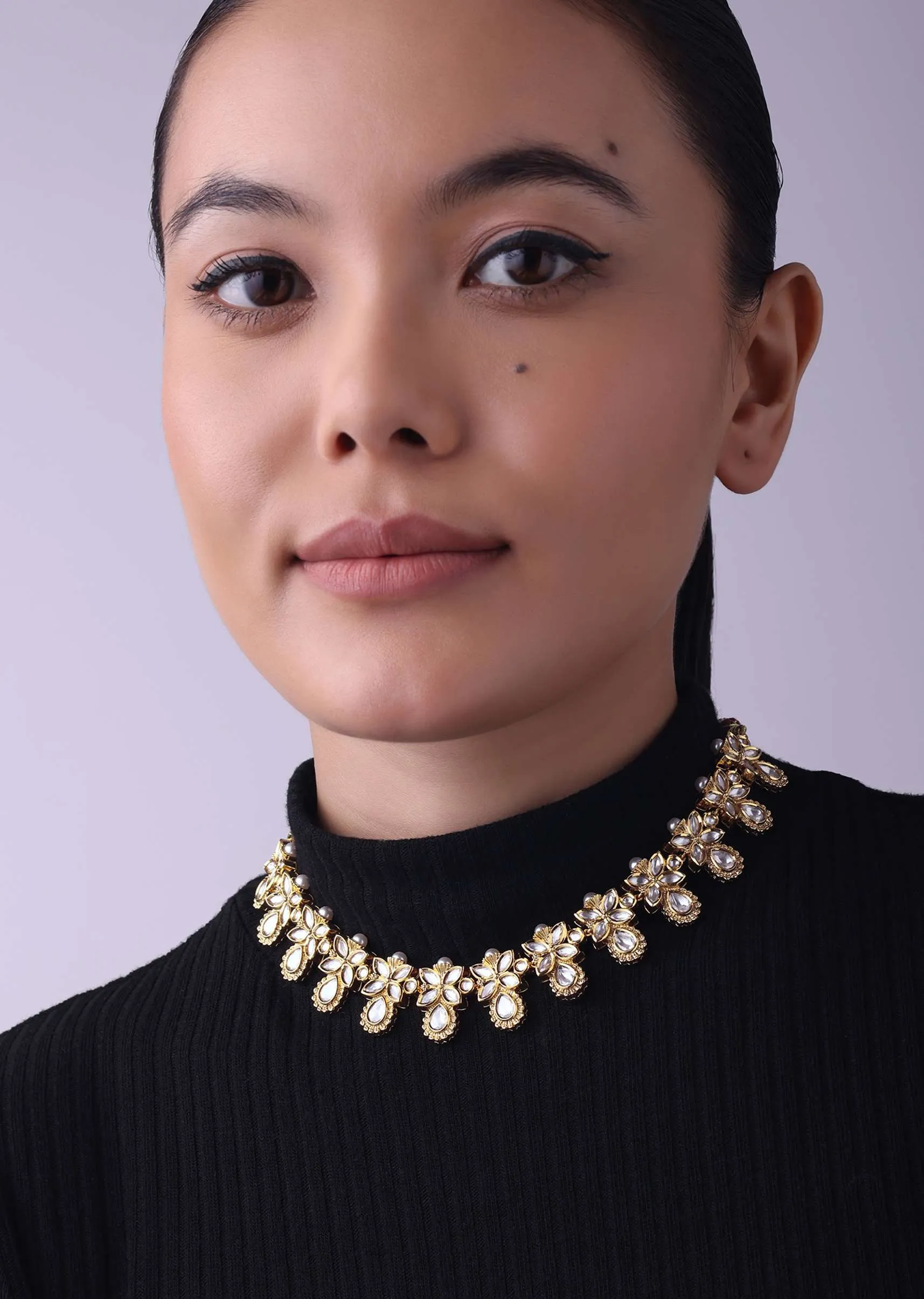 Gold Finish Short Moissanite Kundan Necklace Set