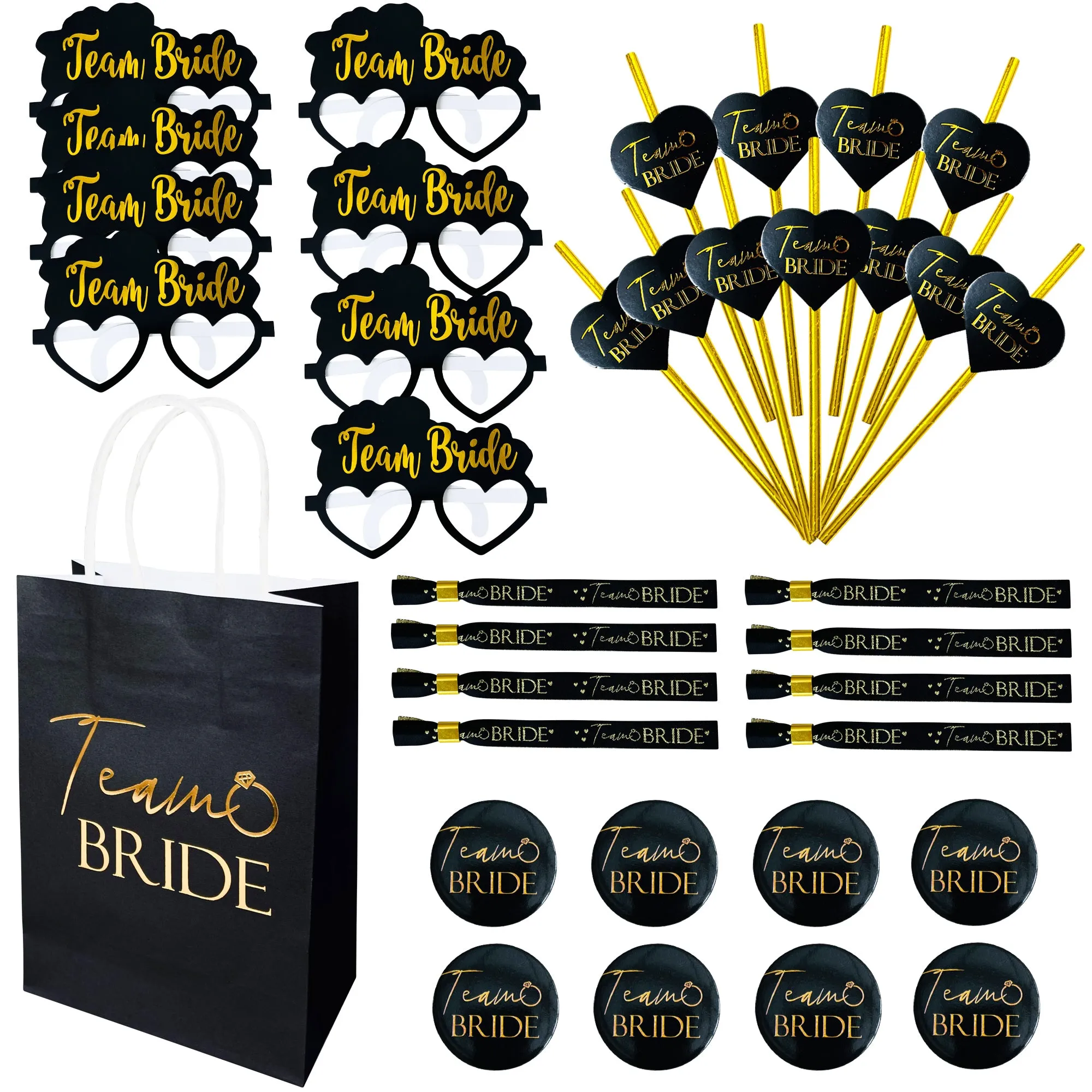 Hen Party Goody Bags Set (8 or 16 hens) Paper Bags and Accessories Black and Gold Foil