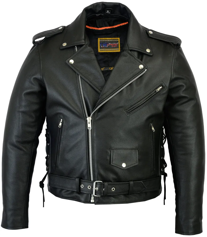 Men’s Classic Side Lace Police Black Leather Motorcycle Jacket