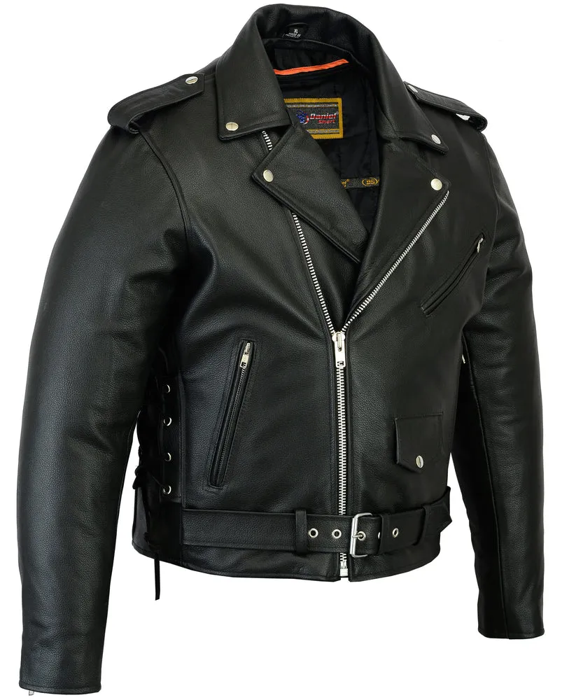 Men’s Classic Side Lace Police Black Leather Motorcycle Jacket