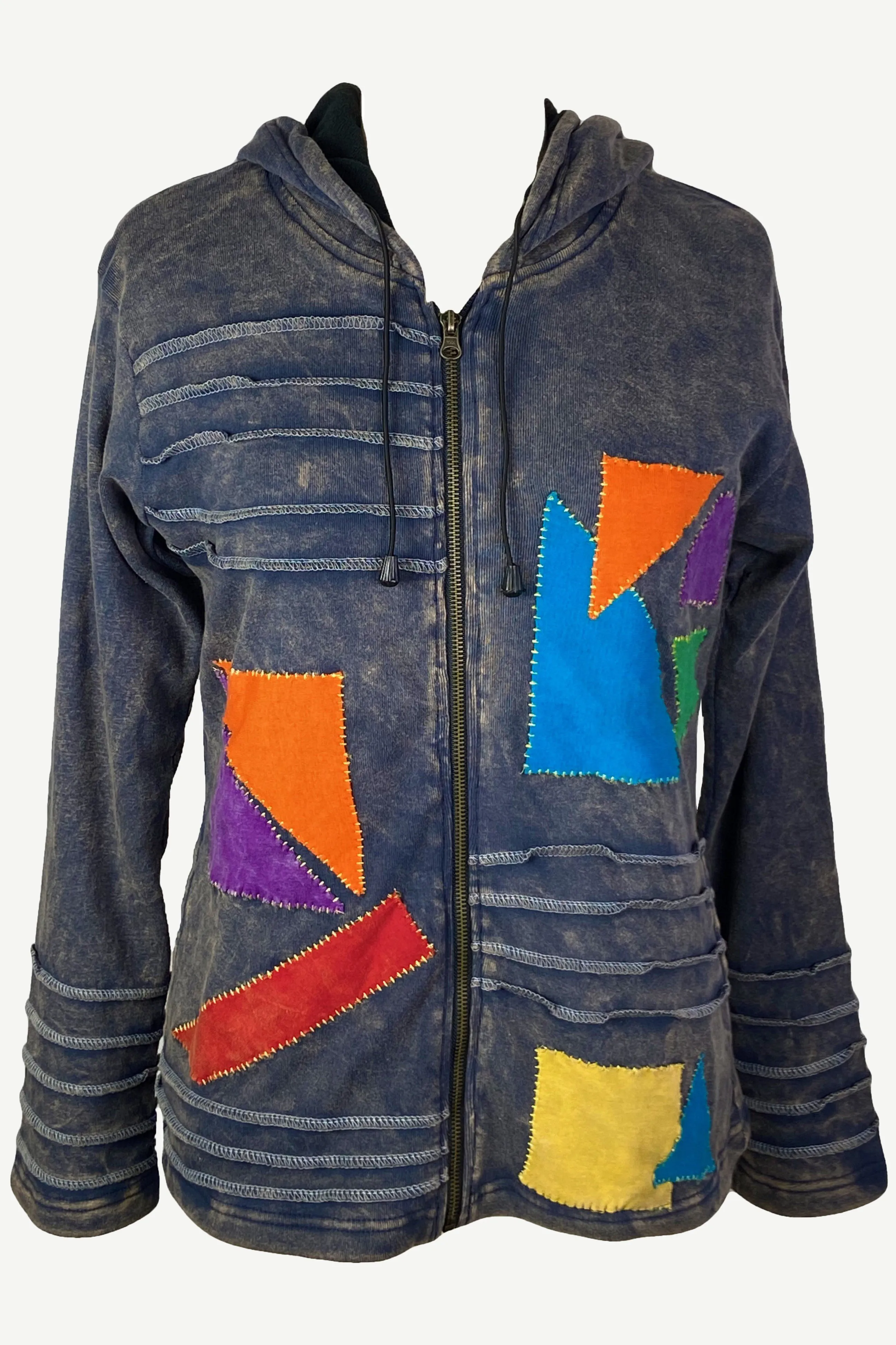 RJ 320 Rib Cotton Assymetrical Patches Bohemian Fleece Jacket Hoodie