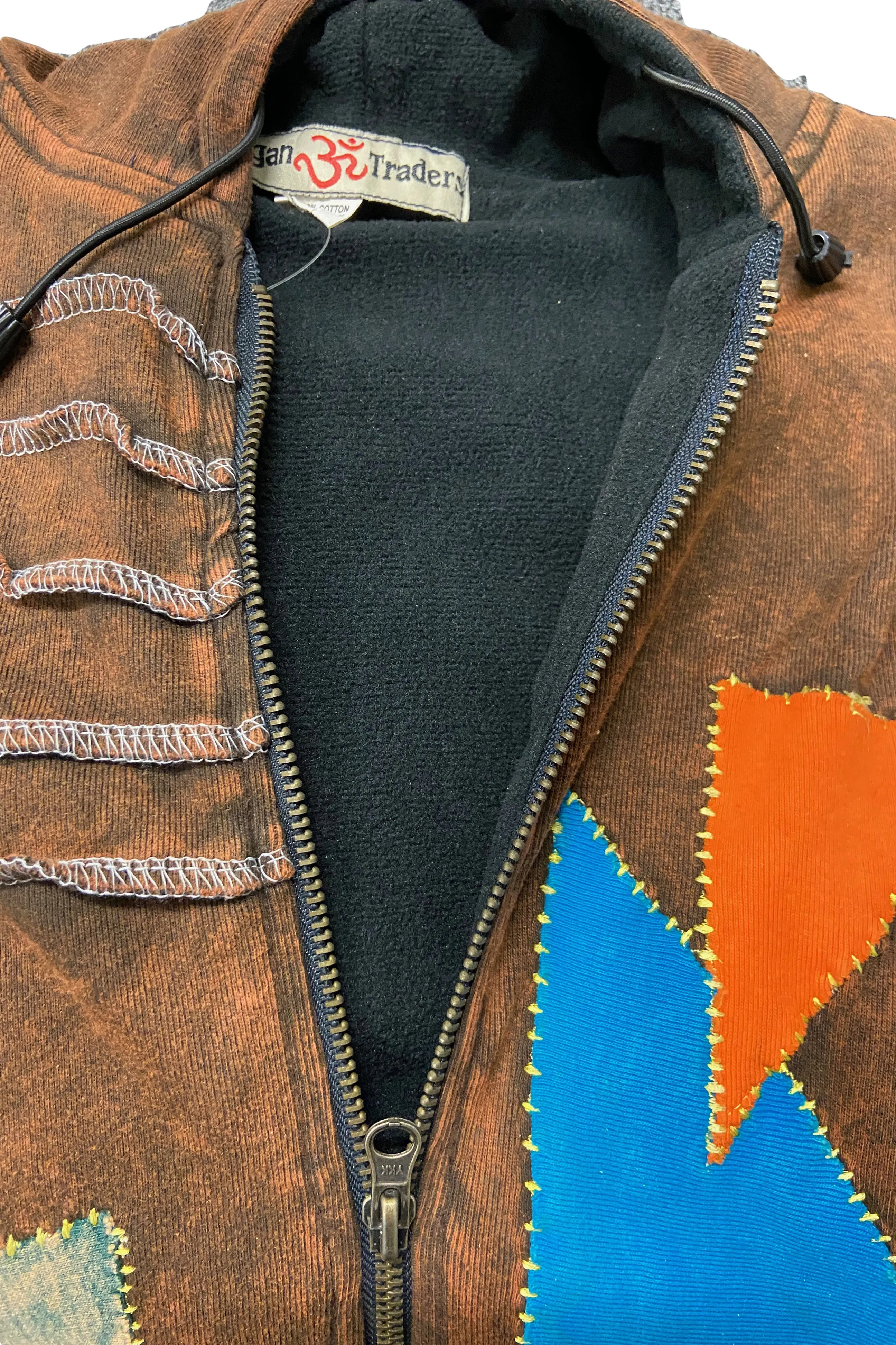 RJ 320 Rib Cotton Assymetrical Patches Bohemian Fleece Jacket Hoodie