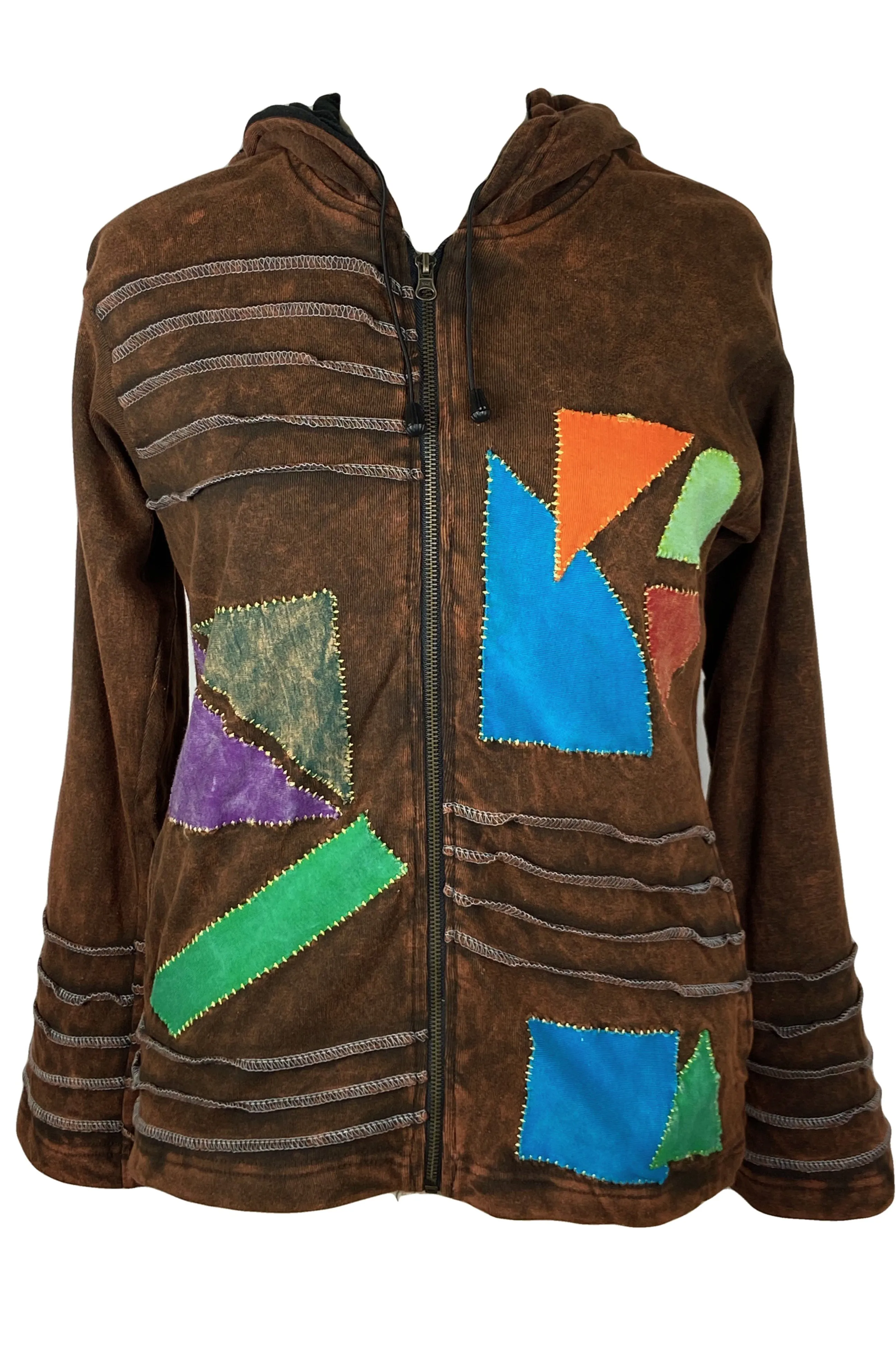 RJ 320 Rib Cotton Assymetrical Patches Bohemian Fleece Jacket Hoodie
