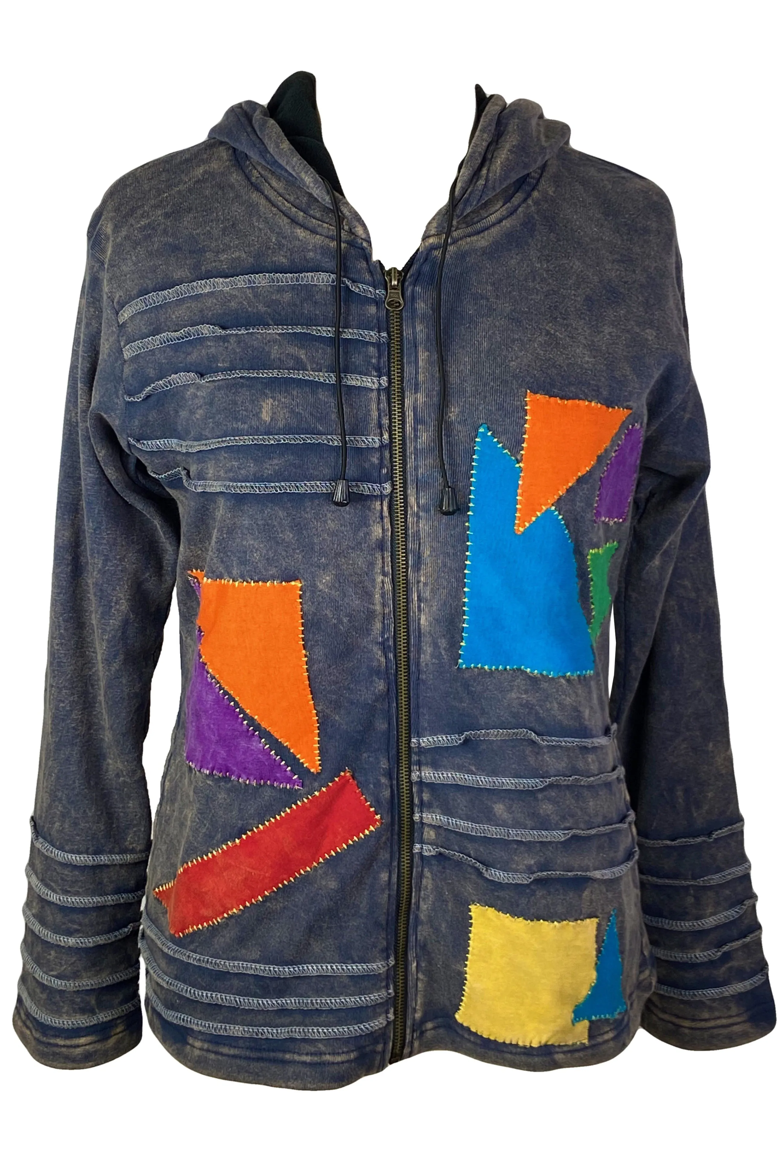 RJ 320 Rib Cotton Assymetrical Patches Bohemian Fleece Jacket Hoodie