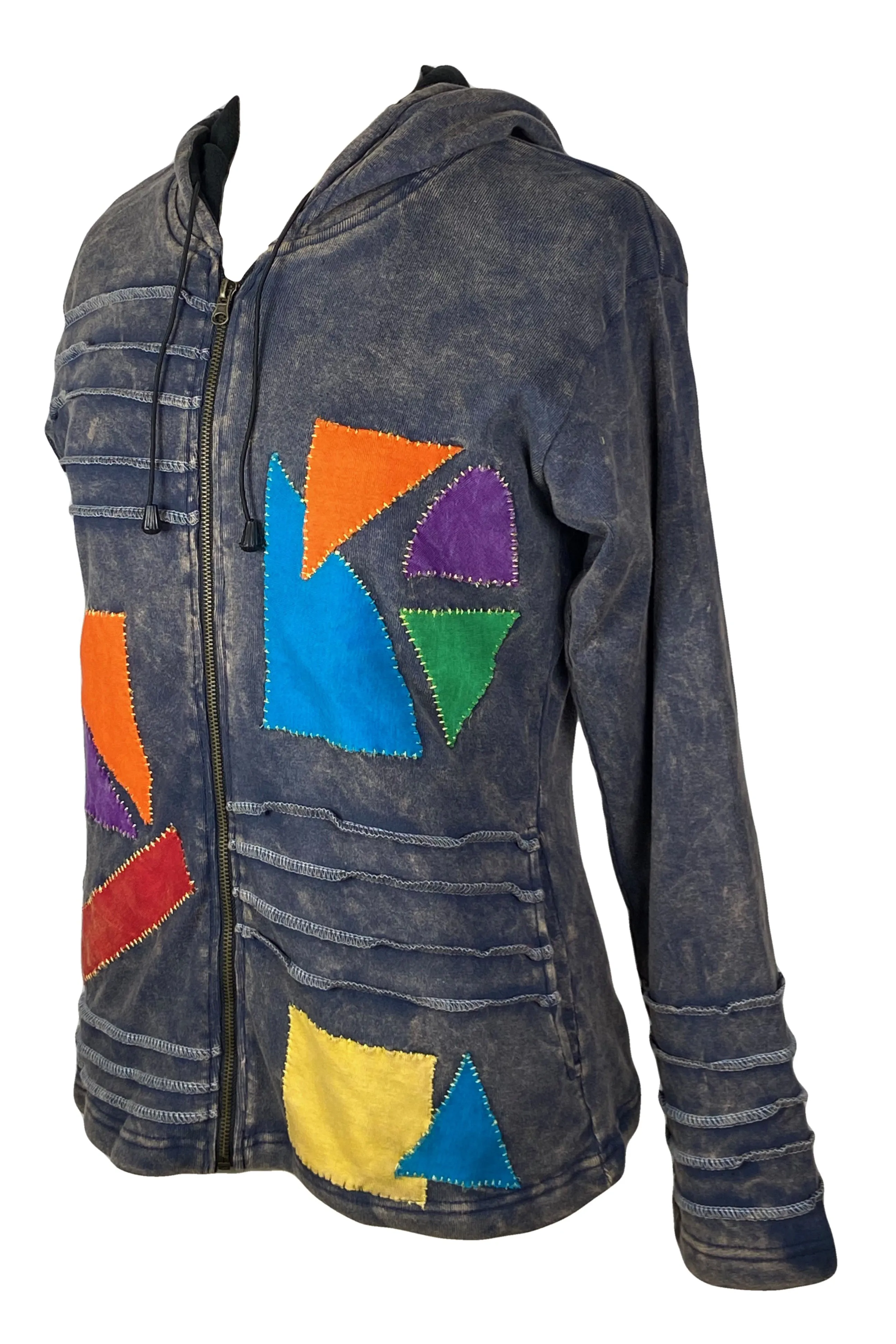 RJ 320 Rib Cotton Assymetrical Patches Bohemian Fleece Jacket Hoodie
