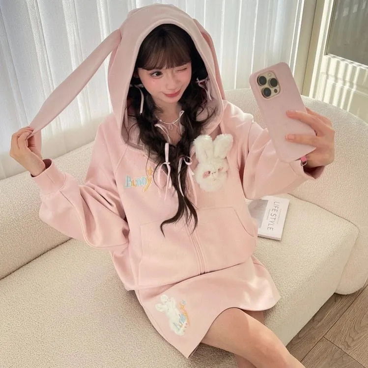 Sweet Girl Style Pink Bunny Ears Hooded Coat