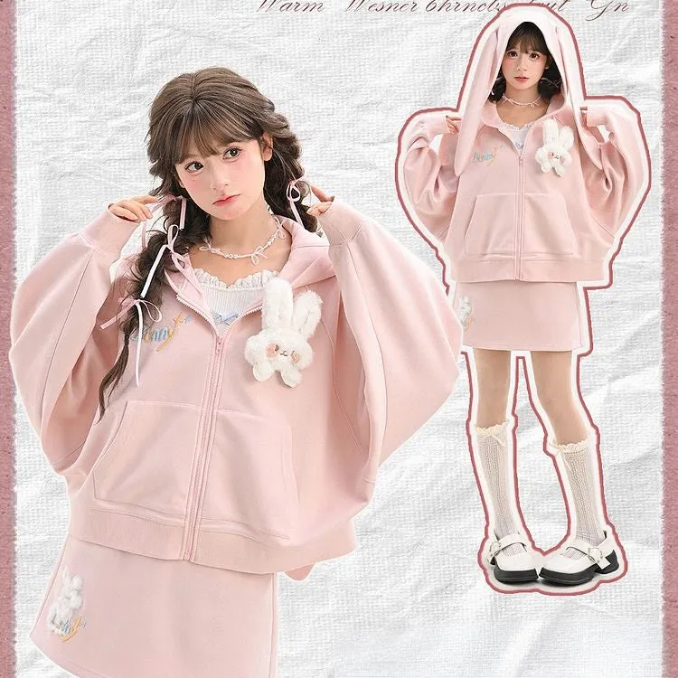 Sweet Girl Style Pink Bunny Ears Hooded Coat