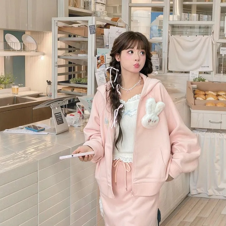 Sweet Girl Style Pink Bunny Ears Hooded Coat