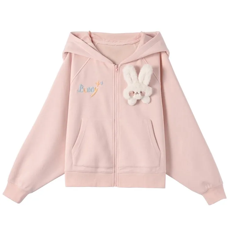 Sweet Girl Style Pink Bunny Ears Hooded Coat