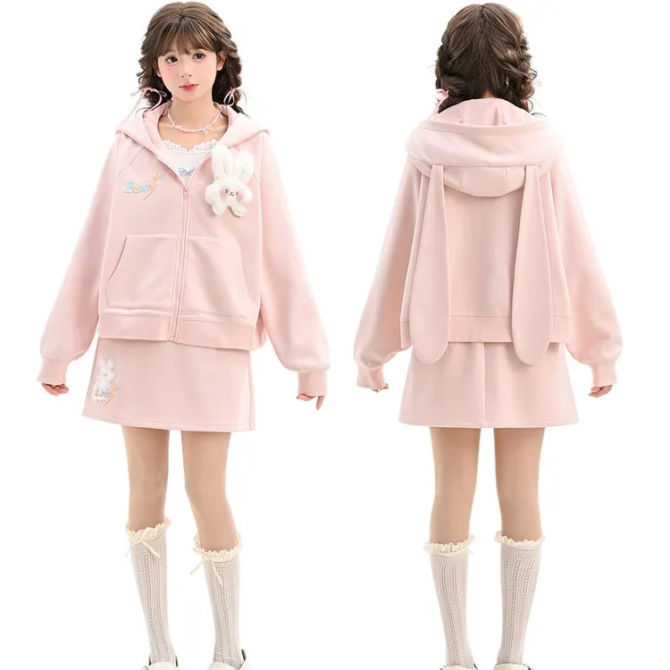 Sweet Girl Style Pink Bunny Ears Hooded Coat