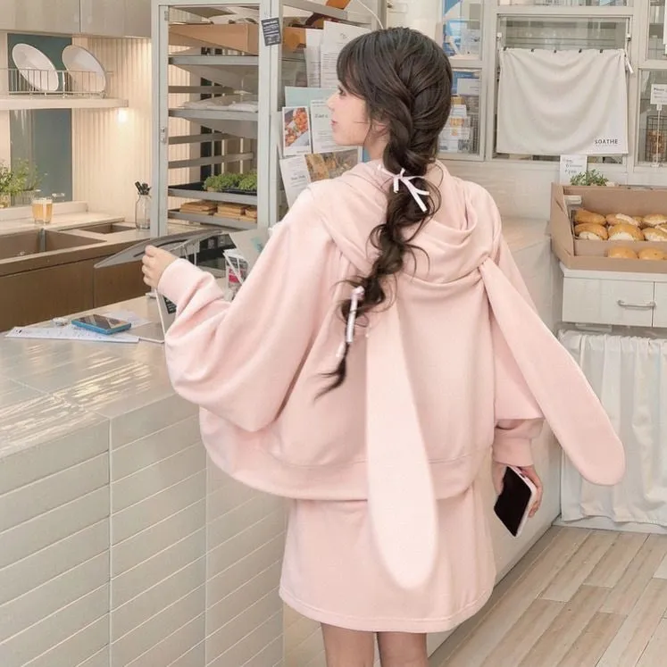 Sweet Girl Style Pink Bunny Ears Hooded Coat