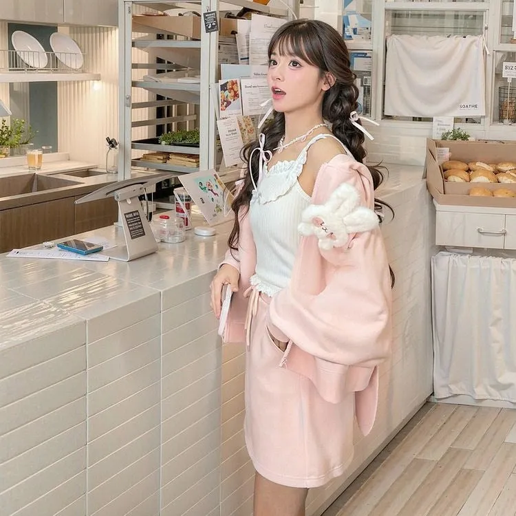 Sweet Girl Style Pink Bunny Ears Hooded Coat